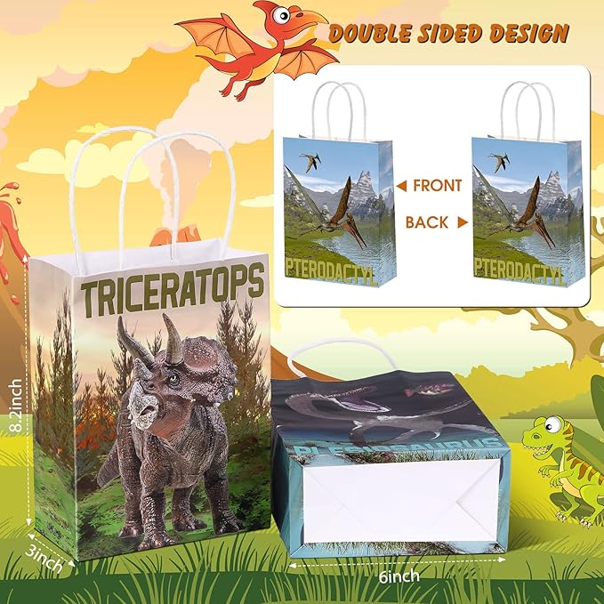 Pajean 24 Pcs Dinosaur Candy Bags with Handle, Dinosaur Party Favor Paper Bags Kids Gifts Goodie Treat Wrapping for Boys Girls Dino Theme Birthday Baby Shower Party Supplies(Simulated Style)