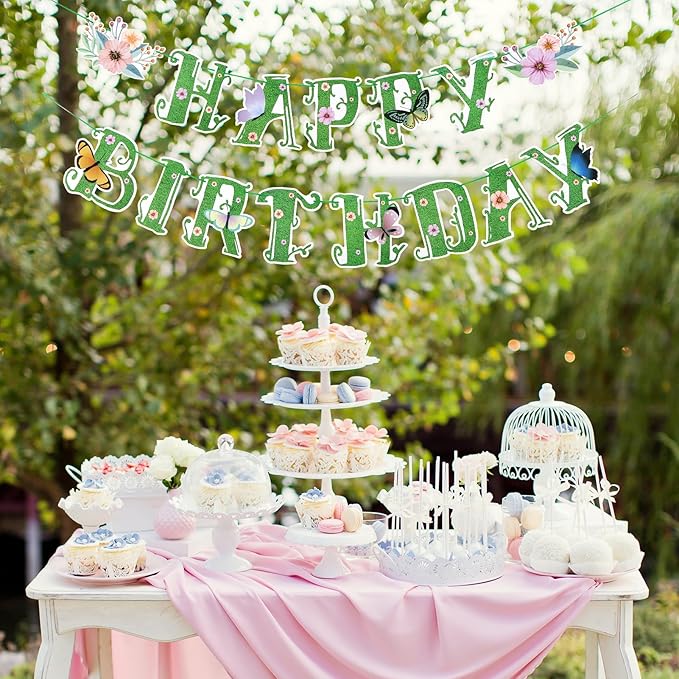 SUNBEAUTY Wildflower Happy Birthday Banner Green Spring Butterfly Flowers Party Banner Floral Birthday Decoration Spring Butterfly Birthday for Women Girl Baby Shower Garden Tea Fairy Party Supplies | Pre-Strung