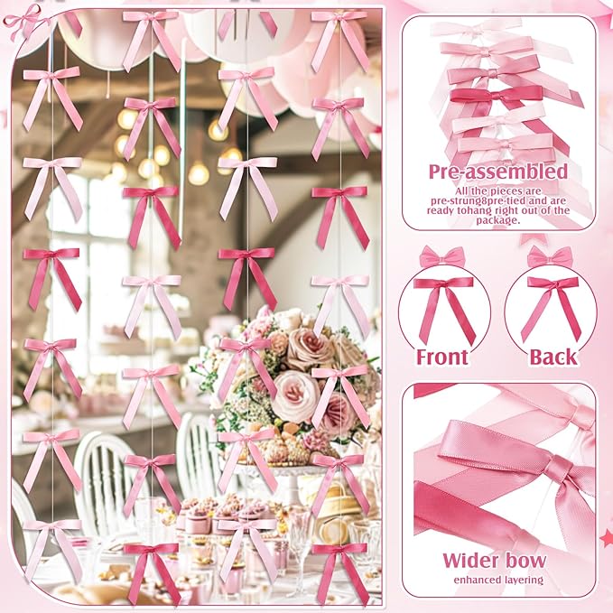 Taobary 8 Pcs 6.6 ft Bow Garland, Satin Ribbon Bow Banner Coquette Hanging Ornament for Photo Backdrop Birthday Party Wedding Bridal Baby Shower Wall Decorations(Elegant Pink,0.63 Inch)