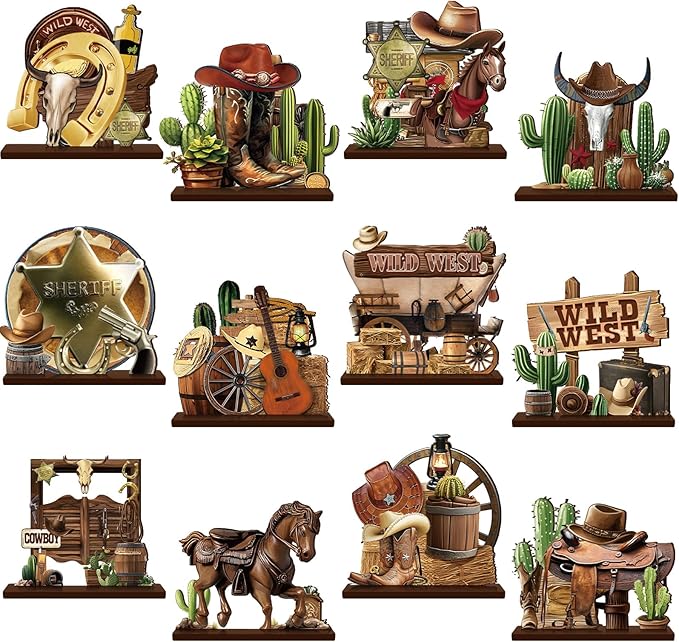 Marsui 12 Pcs Western Centerpieces Wild West Party Decorations 5. 3 Inches Cowboy Wooden Table Decorations for Party Decors Cowboy Birthday Baby Showe Tiered Tray Decor