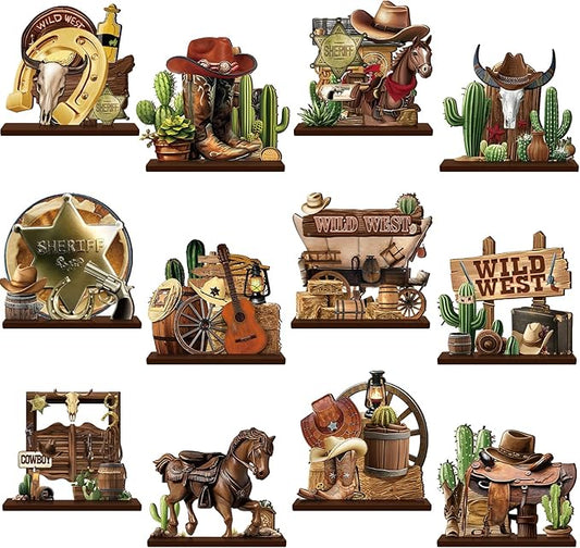 Marsui 12 Pcs Western Centerpieces Wild West Party Decorations 5. 3 Inches Cowboy Wooden Table Decorations for Party Decors Cowboy Birthday Baby Showe Tiered Tray Decor