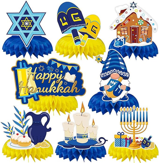 JULMELON 8PCS Hanukkah Table Decorations Honeycomb Centerpiece, Chanukah Decor Dreidel Menorah Table Toppers Happy Hanukkah Decorations for Home Party Favors Supplies