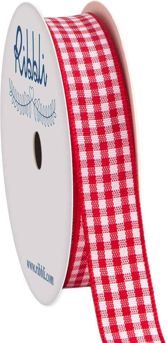 Ribbli Red and White Gingham Ribbon,100% Polyester Woven Edge,5/8 Inch x 10 Yard,Plaid Ribbon Use for Gift Wrapping,Party Decoration(Red 1)