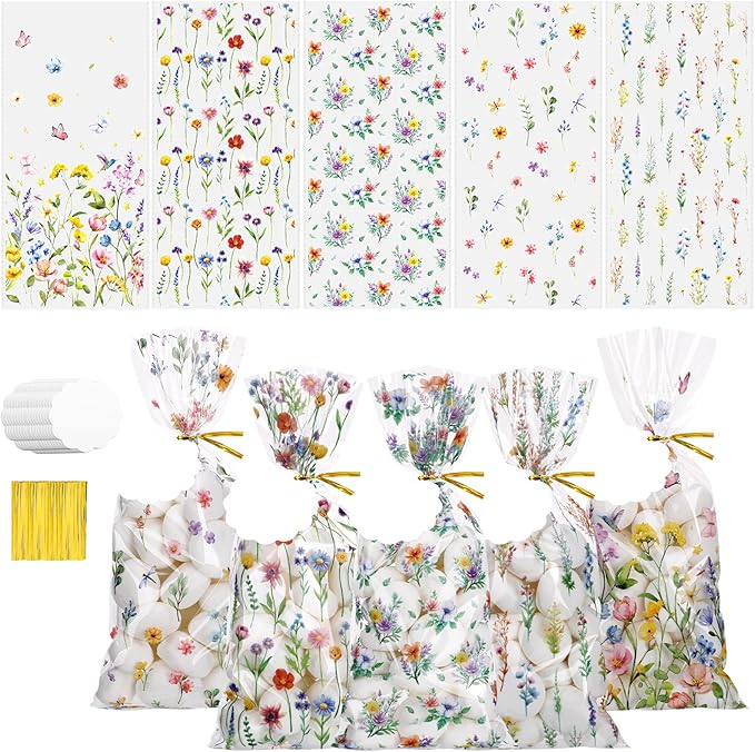 woric 100 Set Wildflower Cellophane Treat Bags Plastic Floral Candy Bags Goodie Bag with 100 Gift Tags and Twist Ties for Bridal Shower Wedding Birthday Baby Shower Summer Picnic Party Favors