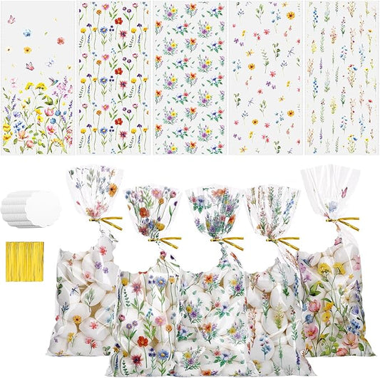 woric 100 Set Wildflower Cellophane Treat Bags Plastic Floral Candy Bags Goodie Bag with 100 Gift Tags and Twist Ties for Bridal Shower Wedding Birthday Baby Shower Summer Picnic Party Favors