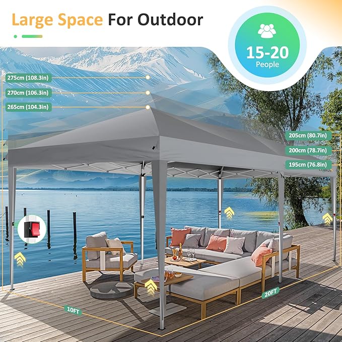COBIZI 10x20 Pop up Canopy Tent Without Sidewall, Waterproof Portable Outdoor Canopy 10x20 Instant Shelter Tent for Parties, Wedding, Backyard, Carport with Carry Bag & 4 Sandbags(Gray)