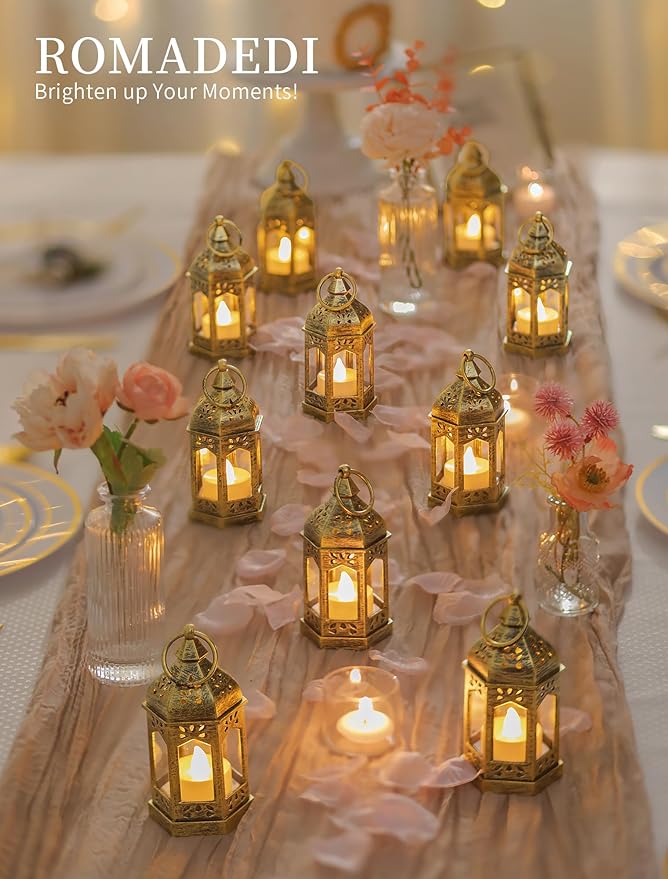 Romadedi Decorative Mini Lanterns for Centerpieces - Set of 10 Gold Vintage Small Candle Lantern Bulk with Remote for Wedding Table Decor Party Ramadan Christmas Halloween, Batteries Included