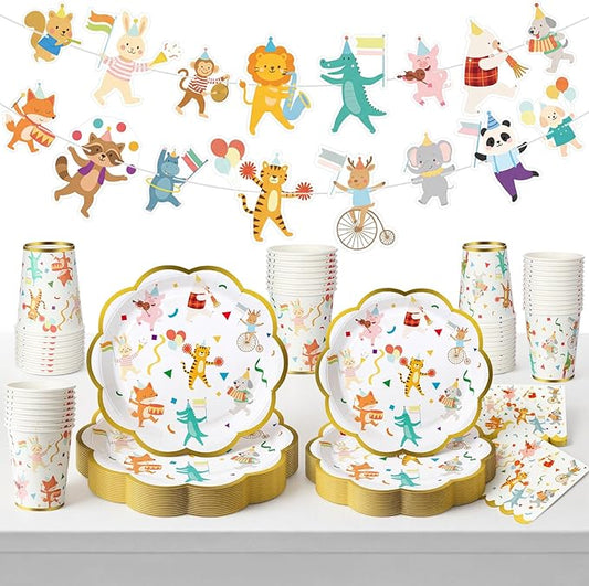 Yungyan 82 Pcs Safari Animal Parade Party Supplies Plates Set Including 9 Inch and 7 Inch Paper Scalloped Plates Cute Disposable Napkins 9oz Paper Cup Animal Parade Banner Set for Birthday Decor Party
