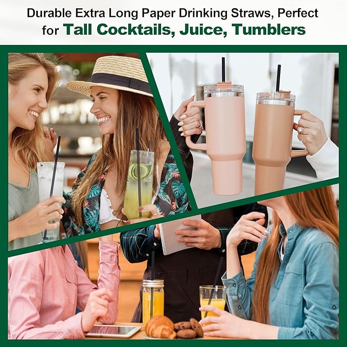 10 Inch Tall Disposable Black Paper Drinking Straws, 0.24" Diameter - Pack of 100