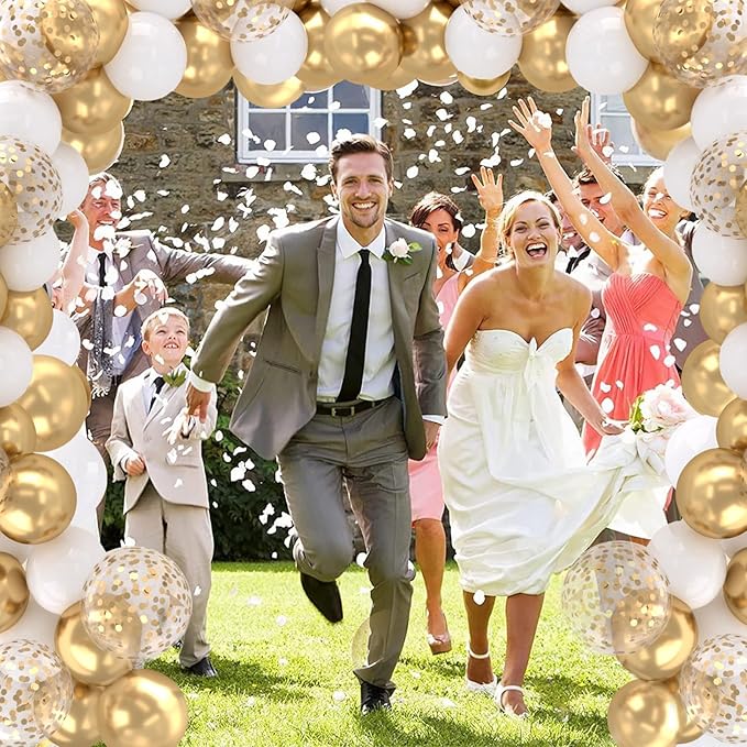 Patimate White and Gold Balloons Set, 50 pcs 12 inch Metallic Gold White Gold Confetti Latex Balloons Kit for Birthday Engagement Wedding Anniversary Party Decorations