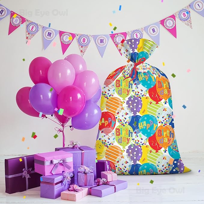 Extra Large Jumbo Happy Birthday Present Bag - 36''x48'' XL Oversized Party Gift Wrapping Bags with Colorful Balloon Confetti Design