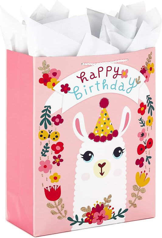 Hallmark 15" Extra Large Gift Bag with Tissue Paper for Birthdays (Llama and Flowers)