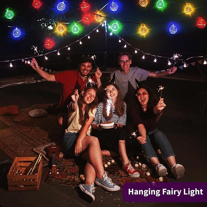 20 LED 2" Disco Balls String Lights 10.5ft, Memory Timer, Battery Operated Portable Decorative Novelty Christmas Holiday Hanging Fairy Light Garland Indoor/Outdoor, Silver Mirror/Colorful