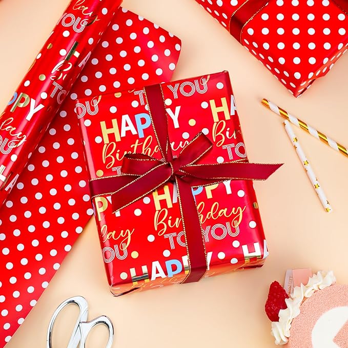 MAYPLUSS Reversible Red Birthday Wrapping Paper Roll - 17 Inch X 33 Feet - Glitter Happy Birthday Lettering Metallic Foil Paper Boy Gift Wrap w/Polka Dot for Party Father's Day Halloween's Day
