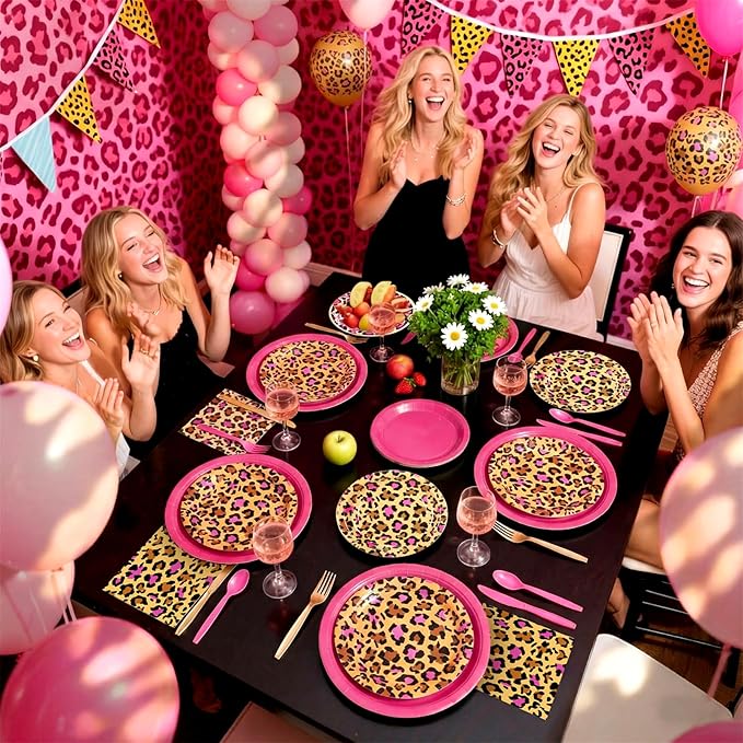 Uiifan 144 Pcs Pink Cheetah Print Party Decorations Supplie Set - Disposable Leopard Tableware Set for 24 Guests with Plate Plastic Spoons Forks Knives Napkins, Jungle Animal Birthday Cheetah Theme