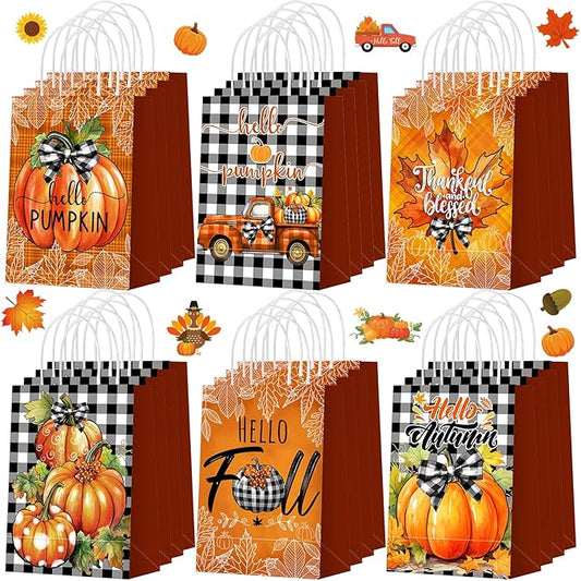 Zhanmai 24 Pcs Fall Thanksgiving Gifts Goodie Bags for Party Favors Pumpkin Truck Maple Paper Autumn Treat Candy Bags with Handles Thankful Blessed Pouch for Gifts Wrapping Snack Party Supplies