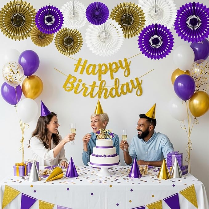 BEISHIDA Purple Gold White Tissue Hanging Honeycomb Round Paper Fans Decoration Set for Birthday Graduation Bridal Shower Bachelorette Wedding Engagement Backdrops Halloween Party Supplies(11 Packs)