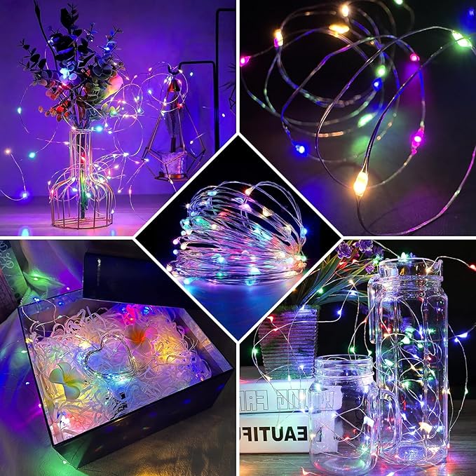 8 Pack Fairy Lights 7Ft 20 LED Twinkle String Lights Battery Operated Waterproof Firefly Starry for Mason Jar Party Wedding Christmas Valentines Day,Rainbow + Blue
