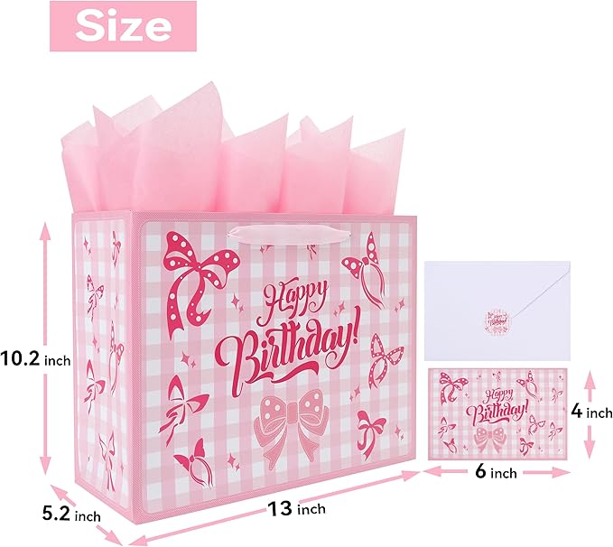 Qirrmiy 13'' Large Birthday Gift Bag Set with Handles, Greeting Card, Purple Tissue Papers and Stickers for Girls Women Kids Teens for Birthday Party, girl's Party, Baby, Bow Design, 1 Pcs