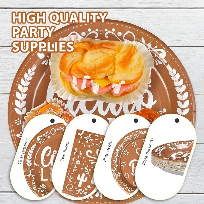 96Pcs Brown Cielito Lindo Party Decorations Mexican Fiesta Plates and Napkins Cielito Lindo Baby Shower Tableware Set for Cinco De Mayo Baby Shower Mexican Talavera Birthday Party Supplies, Serves 24