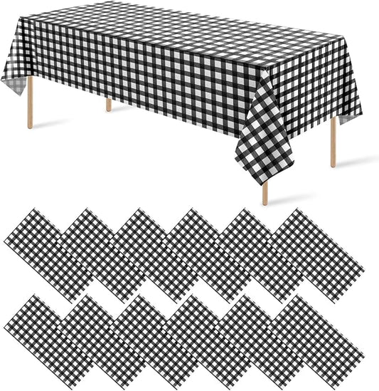 12Pack Black and White Plastic Checkered Tablecloth, Premium Decorative Disposable Black Gingham Plaid Tablecloths for Parties, Rectangle Party Table Cover for Picnic Farm Birthday Wedding, 54x108Inch