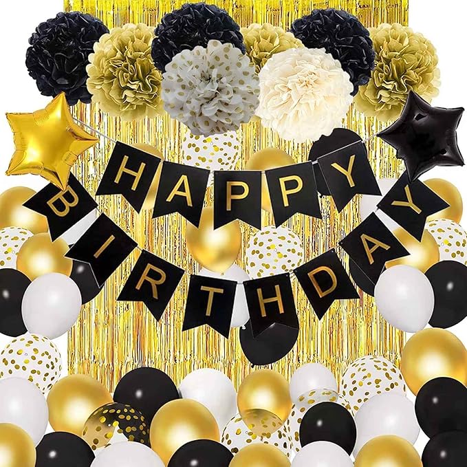 Black Gold Tissue Paper Pom Poms 12Pcs- Hanging Paper Flowers for Wedding Birthday Graduations Christmas and Special Occasions(8 &10 & 12 inch)