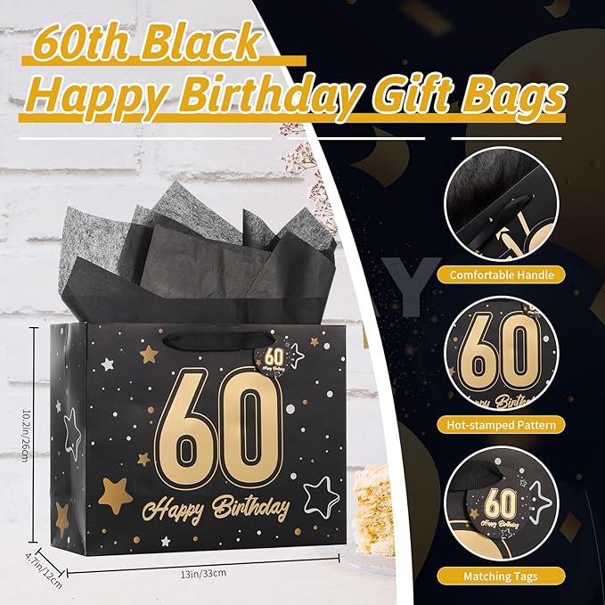 Powbrace 13" Black 60th Birthday Gift Bag with Tissue Paper and Greeting Card for Party,Happy Birthday Gift Bag for Men Women,Gift Bags Medium size(1 Black 60th)