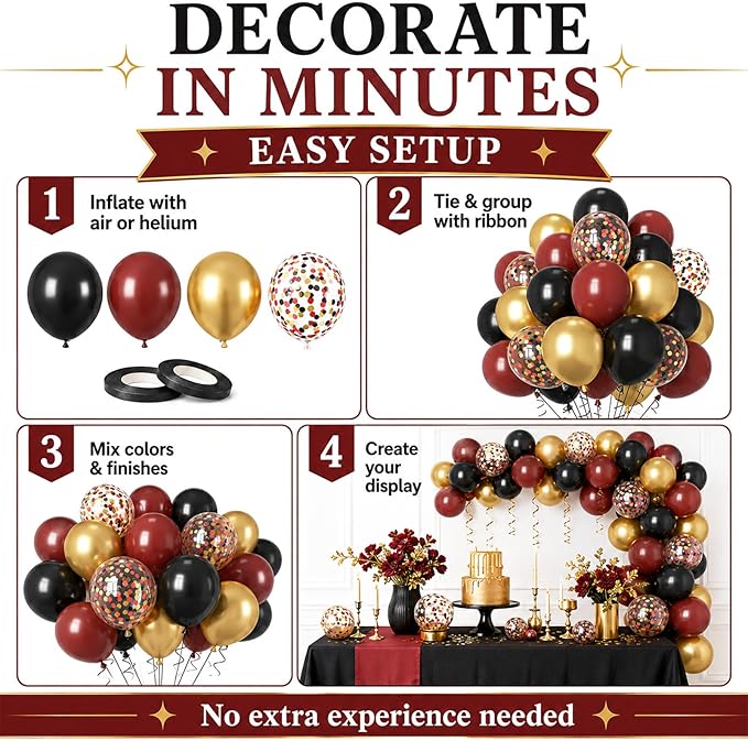 Burgundy Gold Balloons, 60Pcs Burgundy Balloon, 12 Inch Metallic Gold Wine and Black Latex Balloons for Birthday Party Bachelorette Graduation Anniversary Bridal Shower Celebration Party Decorations