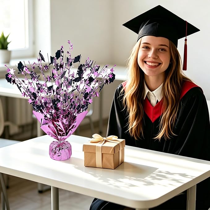 6 Packs Graduation Decorations Centerpieces for Tables Metallic Foil Star Graduate Cap Burst Tabletop Display in Pink and Black for Grad Ceremonies Celebrations Party Decor Supplies 12 (Pink)
