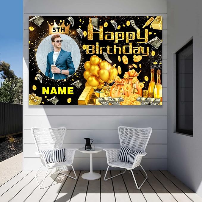 Custom Dollar Money Black and Gold Happy Birthday Party Decorations Supplies Personalized Dollar Money Black and Gold Birthday Backdrop Banner(4x6ft)