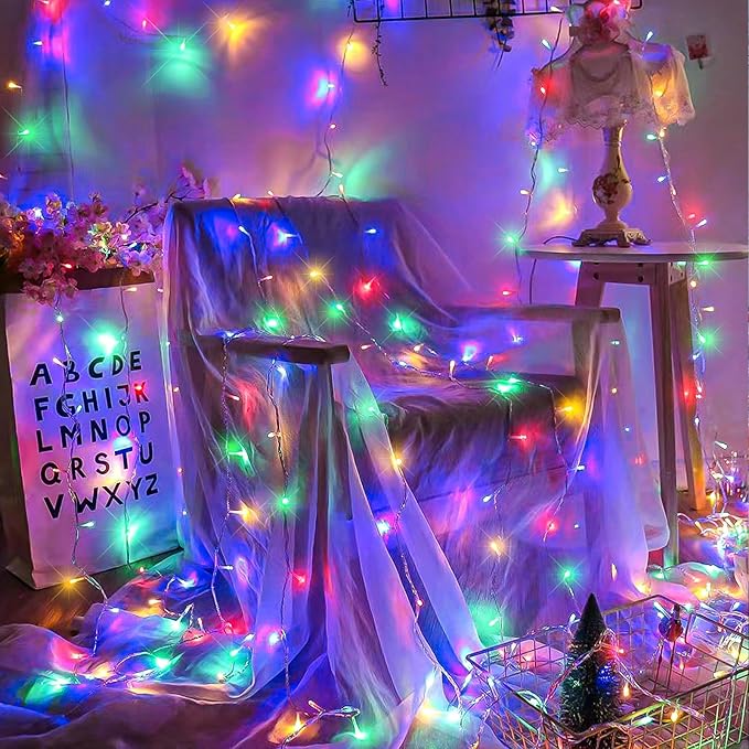 Christmas Lights Indoor Outdoor 197ft 600 LED Christmas String Lights Indoor 8 Modes Clear Wire, Plug in Waterproof Twinkle Fairy Lights for Bedroom Tree Christmas Decorations, Multicolor