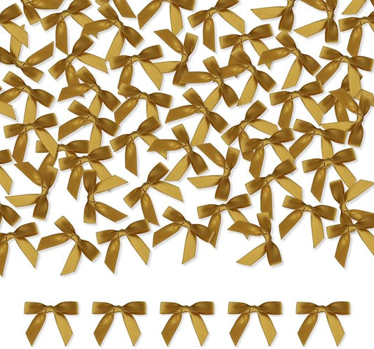 Meseey 100 Pcs 1.5 Inches Premade Craft Bows Self Adhesive Gold Satin Ribbon Bows for Treat Bags Gift Wrapping Basket Wedding Baby Shower Brithday Party(Gold)
