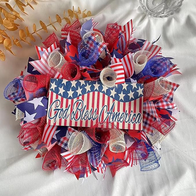 3 Rolls Red White and Blue Stripe Deco Mesh Ribbon for Patriotic Wreath Making Supplies, 10 Inch x 30FT Metallic Foil Burlap Deco Mesh Fabric for DIY Crafts Door Wreath Swags and Decorating