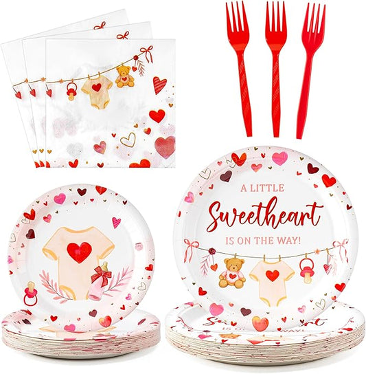 A Little Sweetheart Is On The Way Baby Shower Party Plates Supplies - Serves 24-96Pcs Bear Party Tableware Decoration Disposable Paper Plates Napkins Forks for Birthday
