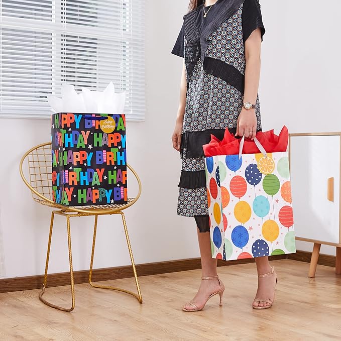 Bobobag 2 Pack 16.5" Large Gift Bag with Tissue Paper for Happy Birthday (Balloons)