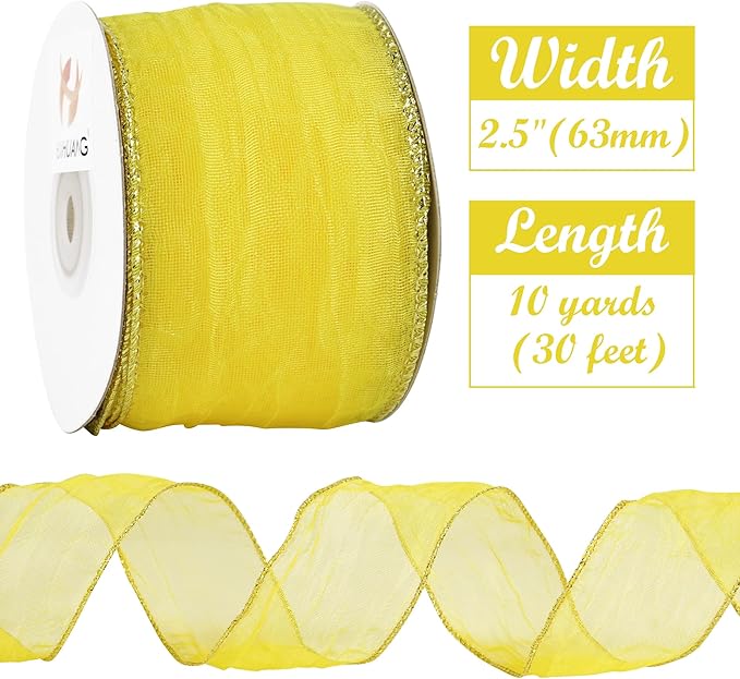 HUIHUANG Yellow Wired Ribbon 2-1/2 inch Crinkle Metallic Yellow Wire Ribbon for Lemon Wreaths Bows Making DIY Crafts Holiday Home Fall Sunflower Decor - 10 Yards