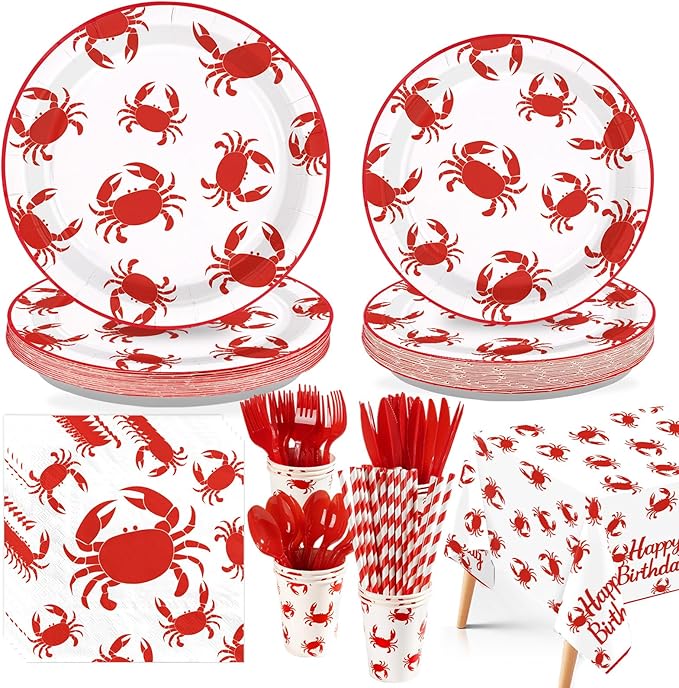 194Pcs Crab Boil Birthday Party Decorations Crabs Boil Plates and Napkins Cups Forks Knives Tableware Sets for Summer Red Crabs Seafood Boil Theme Picnic BBQ Birthday Party Supplies Serves 24