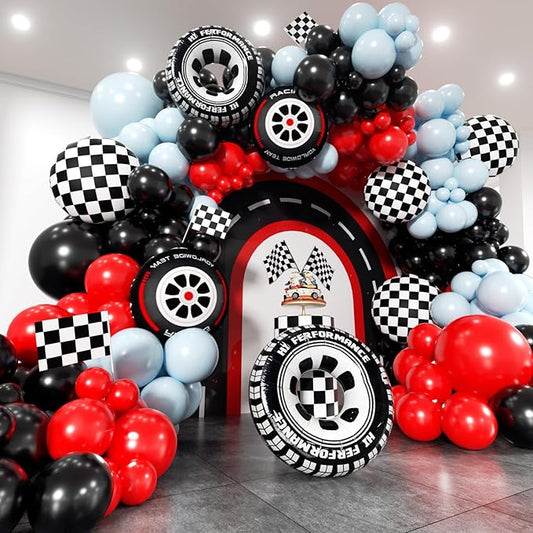 Race Car Balloon Arch Kit - 168Pcs Different Size Balloons Tire Flags Checkered Black Red Blue Balloon Garland Kit for Racing Car Two Fast 2nd Theme Boy Birthday Anniversary Party Decorations
