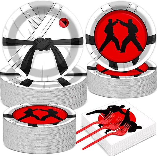 50 Guests Karate Party Supplies Karate Plates and Napkins Forks Disposable Tableware Set Paper Plates for Karates Theme Party 200PCS