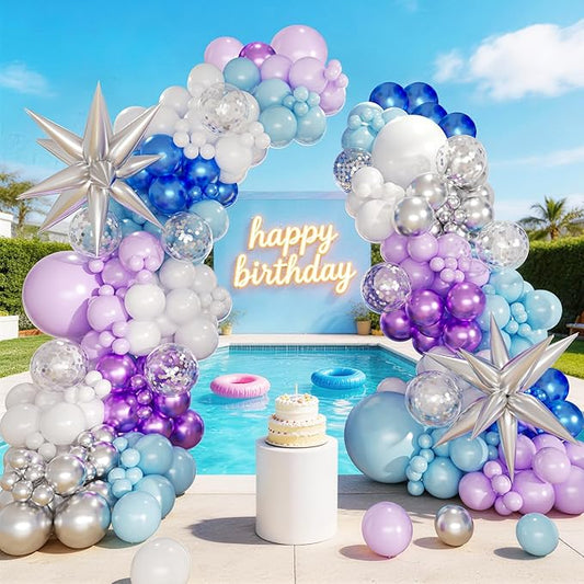 KARLURE Purple and Blue Balloon Arch Kit with White and Silver Balloons for Summer Pool Party Under the Sea Ocean themed Party Kindergarten Graduation Girls Princess Birthday Party Decorations
