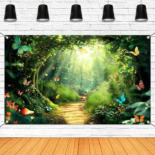 Mocsicka Enchanted Forest Backdrop Fairy Magic Wonderland Birthday Party Decorations for Girls Butterfly Garden Photography Background (Green, 70.8x43.3 inch)