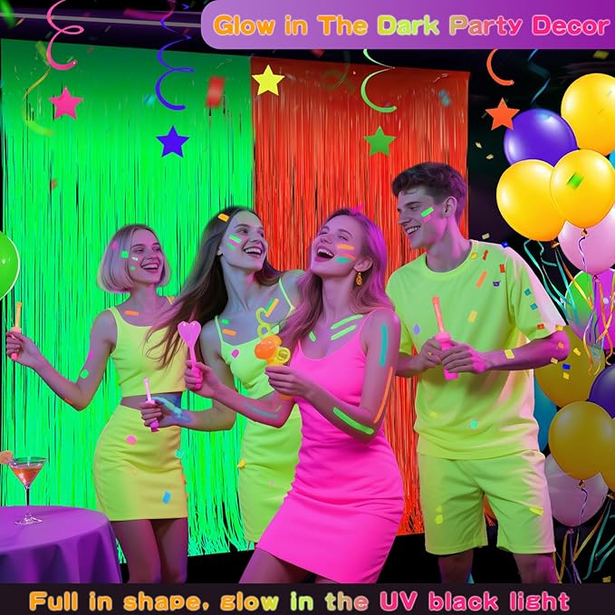 Glow in The Dark Party Supplies 2 Pack Neon Party Decorations Fluorescent Tinsel Foil Fringe Curtains Photo Booth Prop Backdrop Streamer Blacklight Decorations (Neon Green+Neon Orange)