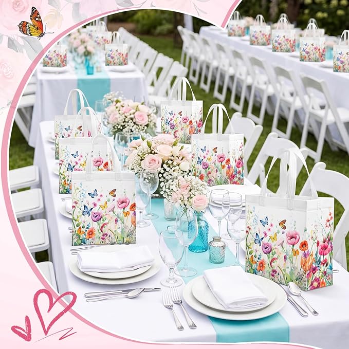 Sweetude 16 Pcs Wildflower Gift Bag with Handles Wildflower Butterfly Party Favors Non Woven Reusable Tote Bags for Baby Shower Spring Summer Floral Birthday Party Decorations