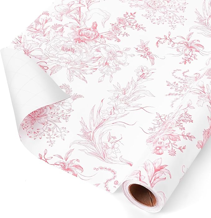 WERNNSAI Pink Wrapping Paper Roll - 1 Roll 17”x 33 ft Vintage Floral Wrapping Paper Pink Flower Gift Wrap for Girls Women Birthday Bridal Shower Wedding Supplies