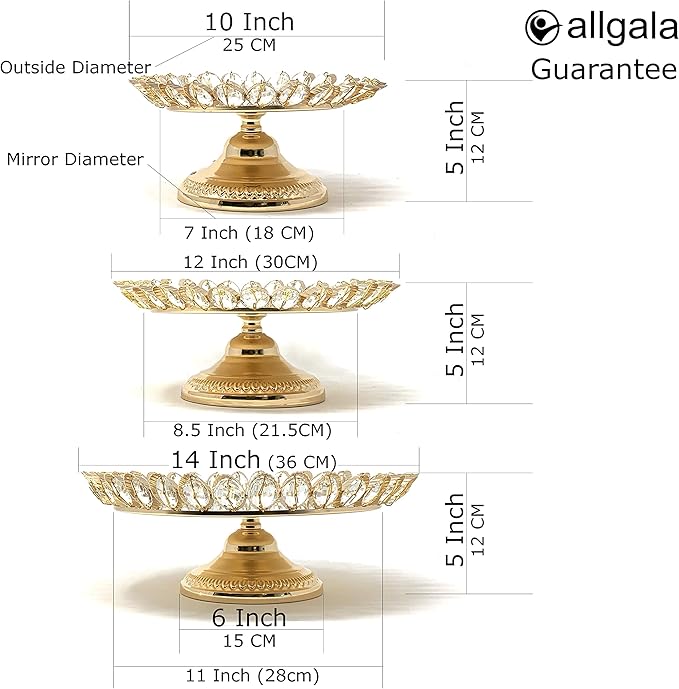 allgala 3-Piece Set Crystal Gold Plated Cheese Dessert Cupcake Cake Stand with Mirror Plate-Gold Lotus-HD89207