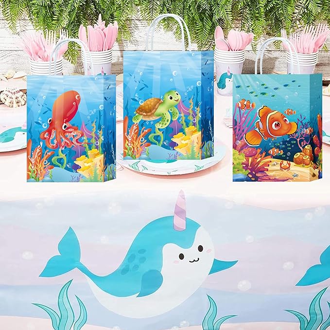 W WINTMING 16PCS Sea Animals Party Gift Bags with Handles Ocean Goodie Bags Under the Sea Party Favor Bags Paper Candy Bags Summer Party Treat Bags Gift Wrap Bags for Birthday Party Decoration