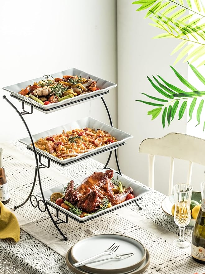 YHOSSEUN Large Tiered Tray Stand, 3 Tier Serving Tray Porcelain Baking Set with Serving Stand 3 Tier Buffet Server for Fruit, Dessert, Food Display Stand for Party, Thanksgiving