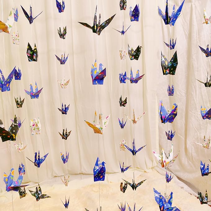 Space Dinosaur Crane Paper Hanging Garlands(3stringsX 5.2ft), Colorful Planet and Animal Origami Birds Streamers for Baby Shower Birthday Party Supplies Boy Bedroom Garden Hanging Decor