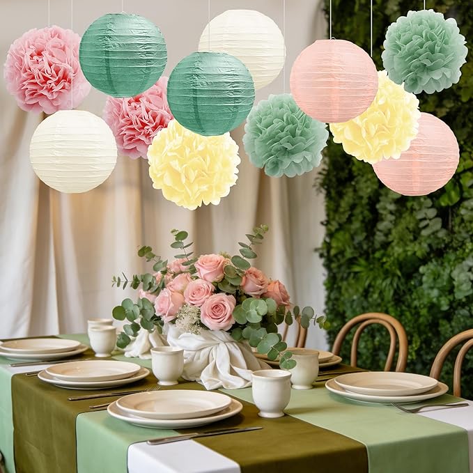 BEISHIDA Pink Green Tissue Hanging Paper Flowers Lanterns Party Decorations Set for Birthday Graduation Baby Shower Bridal Bachelorette Wedding Photo Booth Backdrops Party Supplies(18 Packs)