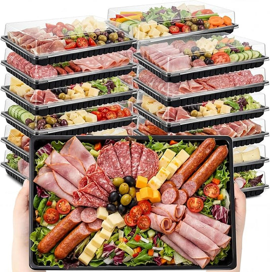Shellwei 20 Pack Extra Large Charcuterie Board with Lids, 15 x 10 Inch Plastic Catering Trays for Cookies, Desserts, Candy, Reusable Serving Platters for Travel Party